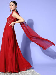 Maroon Embroidered One Shoulder Gown with Dupatta - Inddus.com