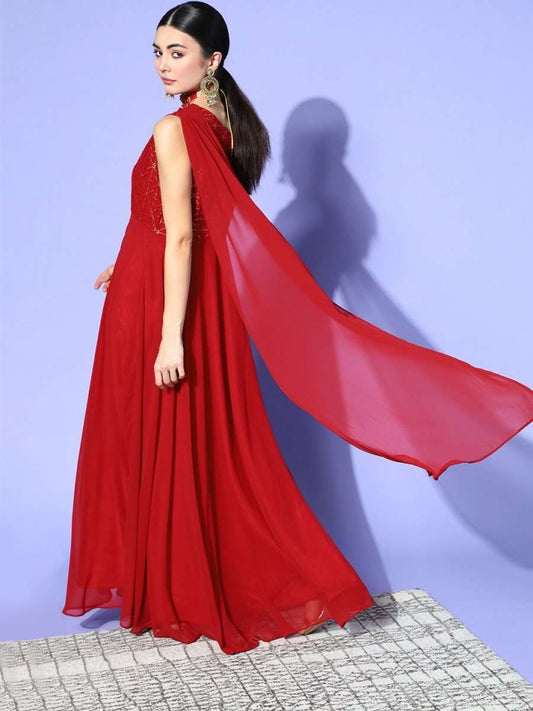 Maroon Embroidered One Shoulder Gown with Dupatta - Inddus.com