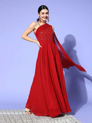 Maroon Embroidered One Shoulder Gown with Dupatta - Inddus.com