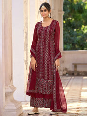 Maroon Embroidered Partywear Palazzo-Suit - Inddus.com
