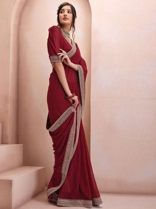 Maroon Embroidered Saree