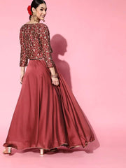 Maroon Embroidered Skirt with Solid Top and Embroidered Jacket - Inddus.com
