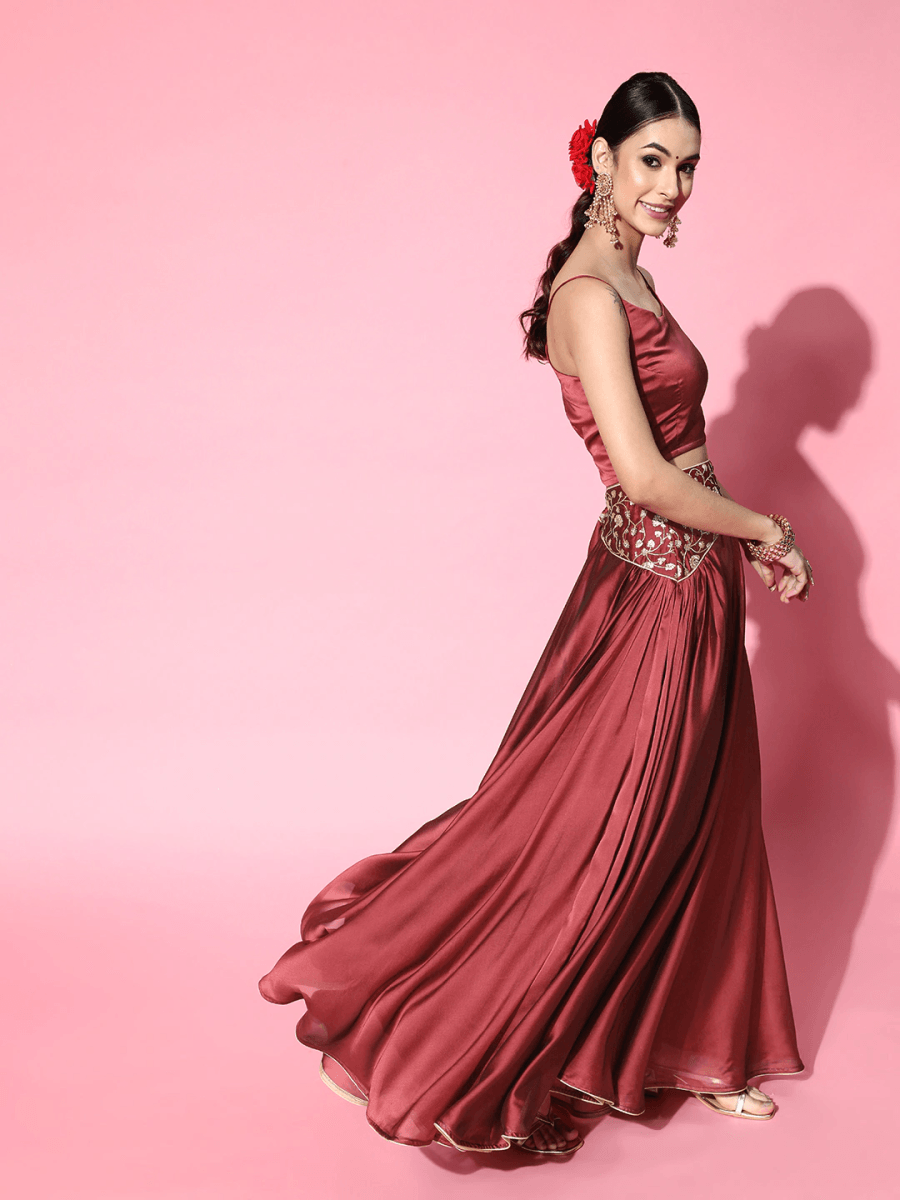 Maroon Embroidered Skirt with Solid Top and Embroidered Jacket - Inddus.com
