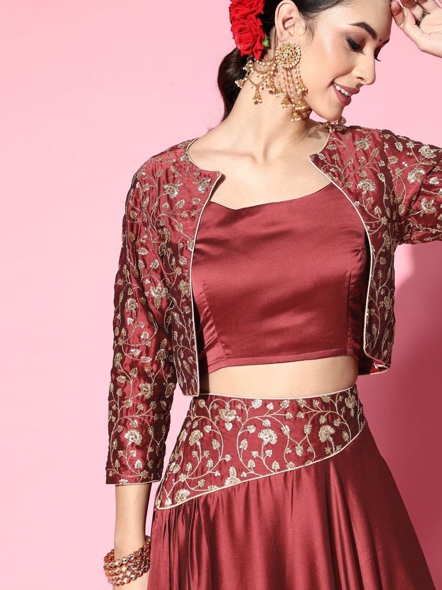 Maroon Embroidered Skirt with Solid Top and Embroidered Jacket - Inddus.com