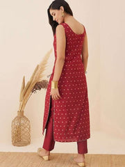 Maroon Ethnic Motif Woven Design Straight Kurta with Trousers - Inddus.com