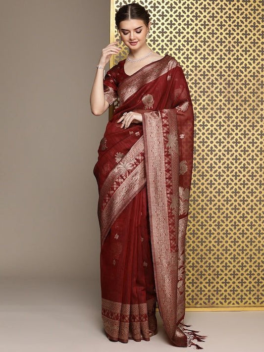Maroon Ethnic Motifs Embellished Zari Saree - Inddus.com