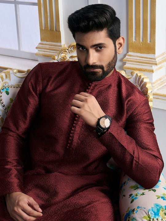 Maroon Ethnic Motifs Woven Design Kurta with Trousers - Inddus.com