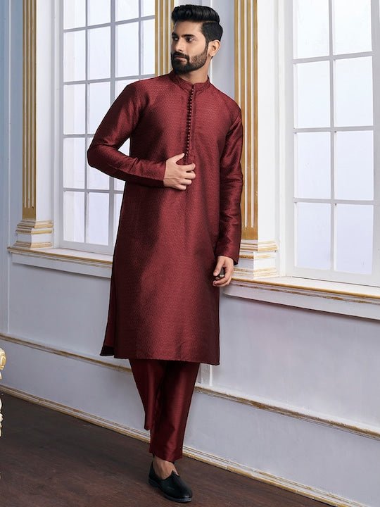 Maroon Ethnic Motifs Woven Design Kurta with Trousers - Inddus.com