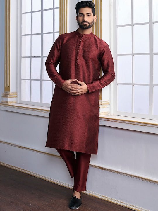 Maroon Ethnic Motifs Woven Design Kurta with Trousers - Inddus.com