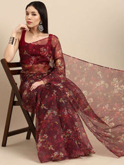 Maroon Floral Digital Print Organza Saree - Inddus.com