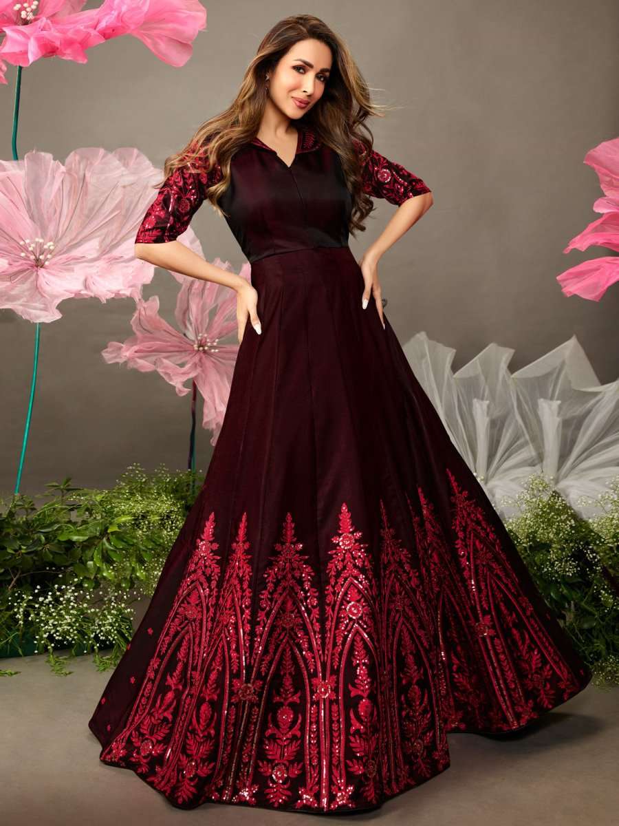Malaika Arora Maroon Floral Embroidered Fit and Flare Dress - Inddus.com Malaika Arora Maroon Floral Embroidered Fit and Flare Dress - Inddus.com