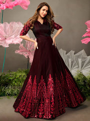 Maroon Floral Embroidered Fit and Flare Dress - Inddus.com
