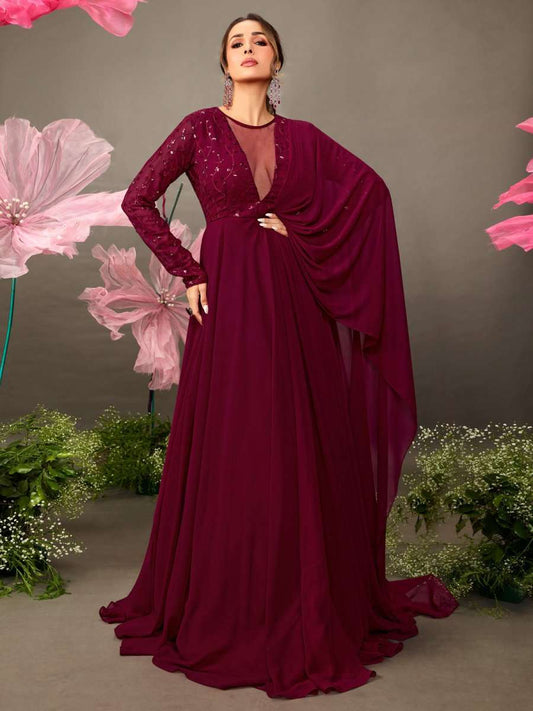 Maroon Floral Embroidered Gown with Draped Dupatta - Inddus.com