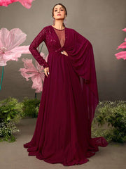 Maroon Floral Embroidered Gown with Draped Dupatta - Inddus.com