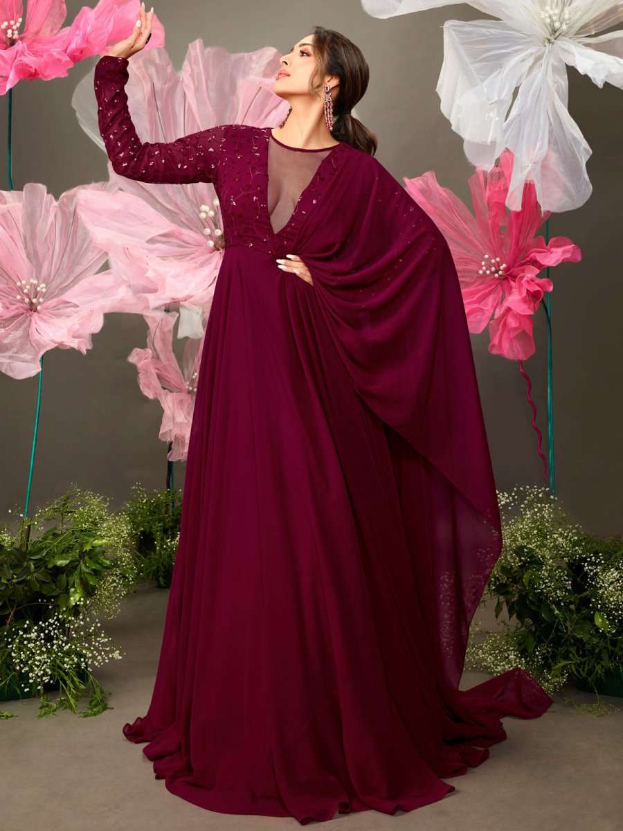 Maroon Floral Embroidered Gown with Draped Dupatta - Inddus.com