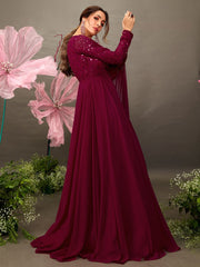 Maroon Floral Embroidered Gown with Draped Dupatta - Inddus.com
