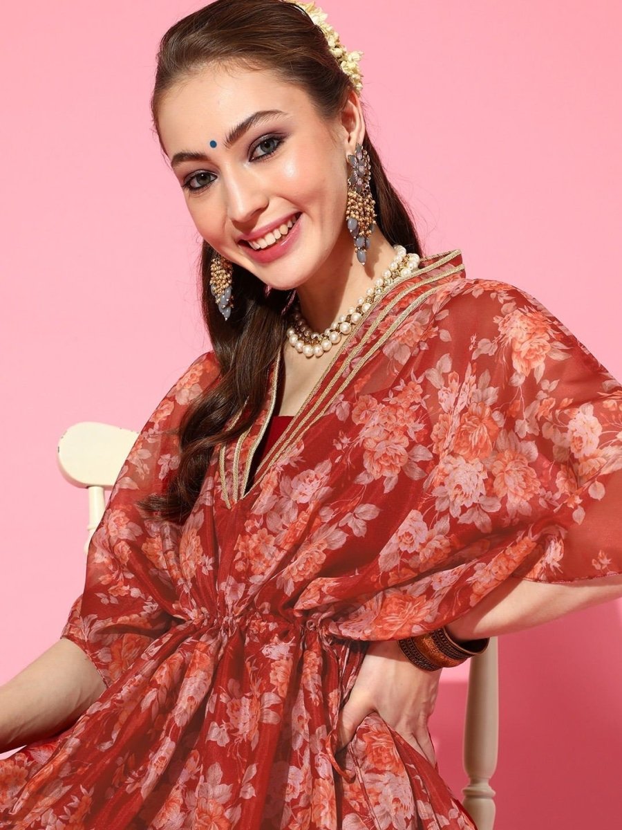Maroon Floral Print Kaftan Kurta - inddus-us