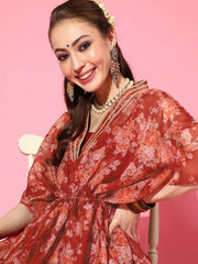Maroon Floral Print Kaftan Kurta - inddus-us