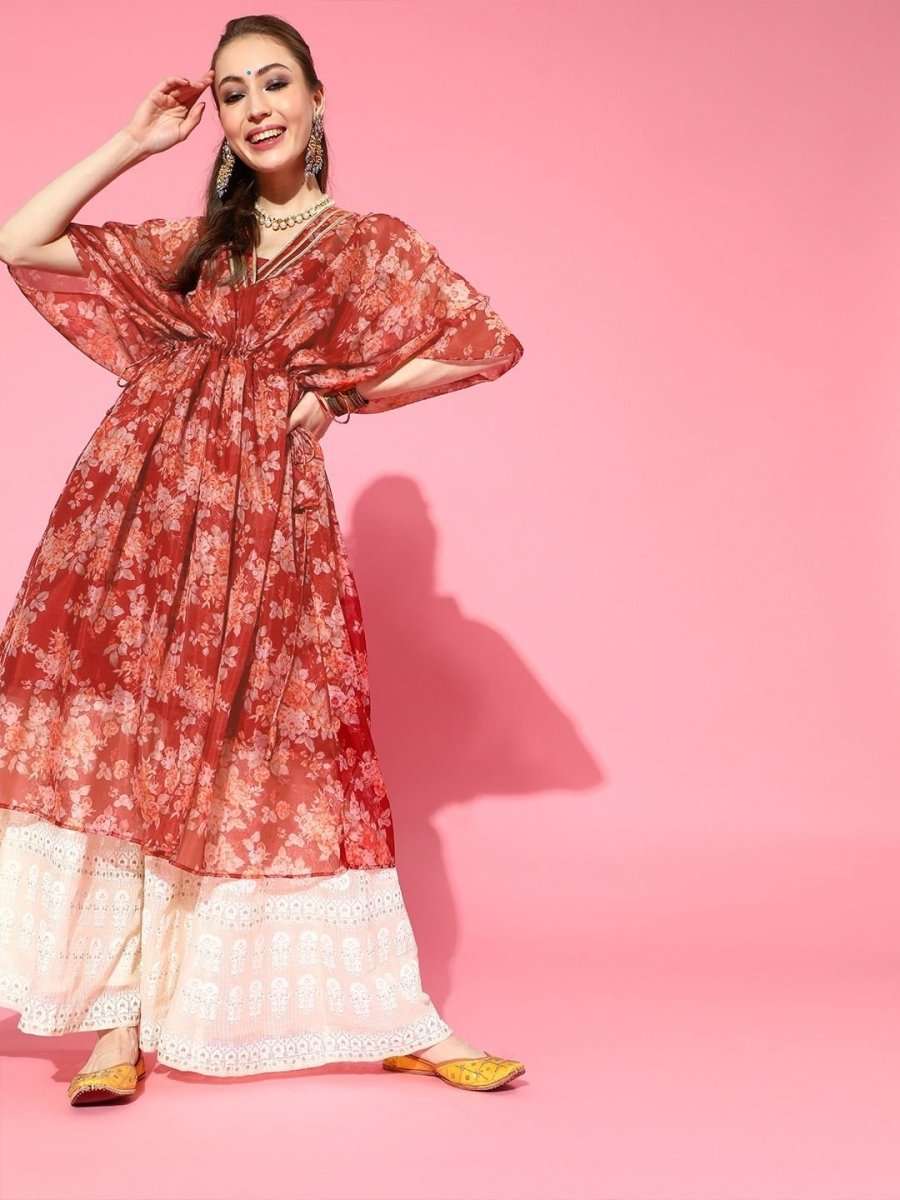 Maroon Floral Print Kaftan Kurta - inddus-us