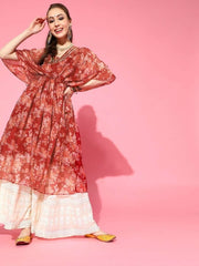 Maroon Floral Print Kaftan Kurta - inddus-us