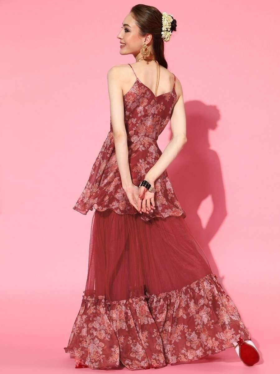 Maroon Floral Printed Kurta with Sharara - inddus-us