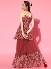 Maroon Floral Printed Kurta with Sharara - inddus-us
