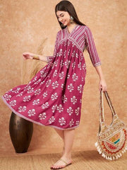 Maroon Floral Printed V-Neck Gathered Empire Ethnic Dress - Inddus.com