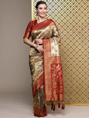 Maroon Floral Zari Silk Blend Banarasi Saree - Inddus.com
