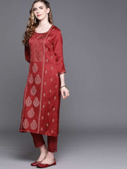 Maroon Foil Print Kurta with Pants - Inddus.com