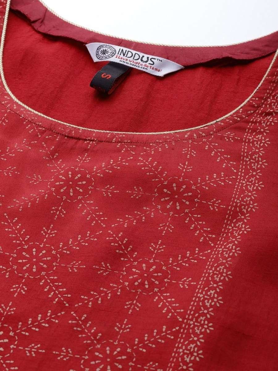 Maroon Foil Print Kurta with Pants - Inddus.com