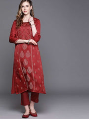 Maroon Foil Print Kurta with Pants - Inddus.com