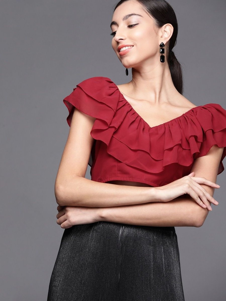 Maroon Georgette Solid Crop Top - inddus-us
