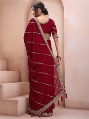 Maroon & Gold-Toned Embellished Sequinned Silk Blend Saree - Inddus.com