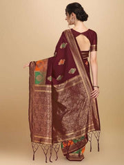 Maroon & Gold-Toned Ethnic Motifs Woven Design Silk Blend Saree - Inddus.com