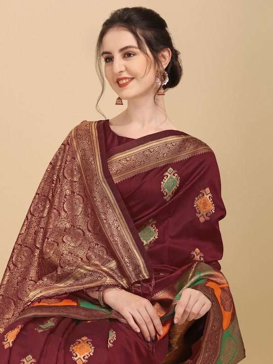 Maroon & Gold-Toned Ethnic Motifs Woven Design Silk Blend Saree - Inddus.com