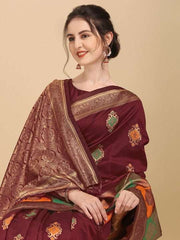 Maroon & Gold-Toned Ethnic Motifs Woven Design Silk Blend Saree - Inddus.com