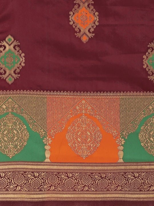 Maroon & Gold-Toned Ethnic Motifs Woven Design Silk Blend Saree - Inddus.com