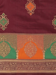 Maroon & Gold-Toned Ethnic Motifs Woven Design Silk Blend Saree - Inddus.com