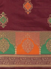 Maroon & Gold-Toned Ethnic Motifs Woven Design Silk Blend Saree - Inddus.com