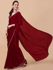 Maroon & Gold-Toned Mirror Work Satin Saree - Inddus.com