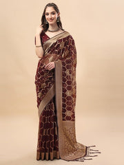 Maroon & Gold-Toned Organza Saree with Blouse Piece