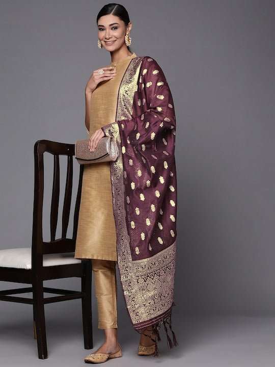 Maroon & Golden Ethnic Motifs Woven Design Dupatta with Zari - Inddus.com