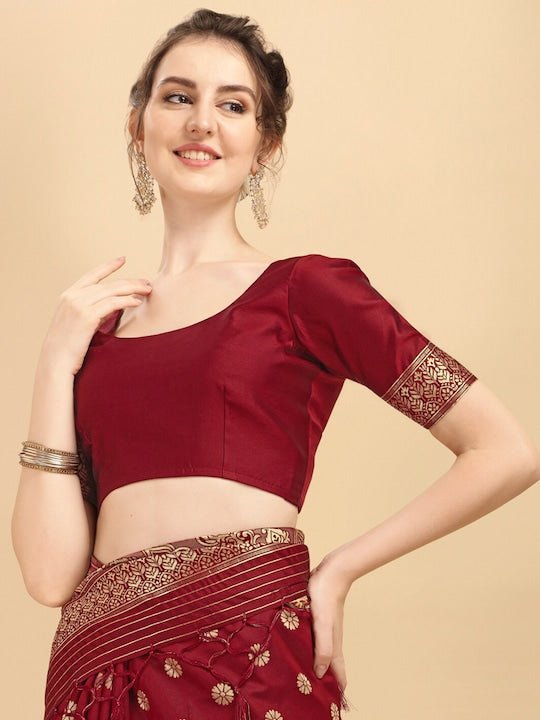 Maroon & Golden Ethnic Motifs Zari Silk Blend Saree - Inddus.com