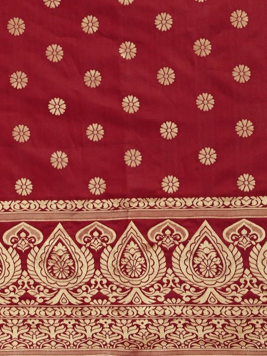 Maroon & Golden Ethnic Motifs Zari Silk Blend Saree - Inddus.com