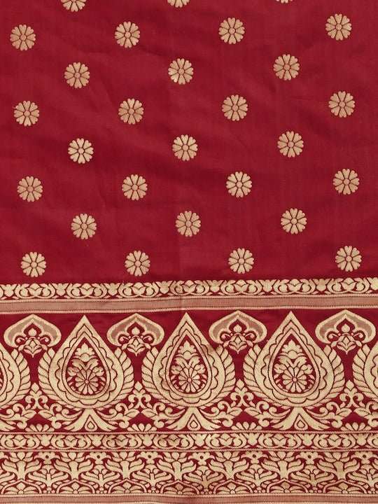 Maroon & Golden Ethnic Motifs Zari Silk Blend Saree - Inddus.com