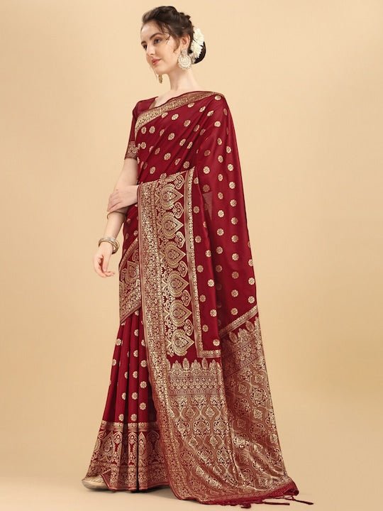 Maroon & Golden Ethnic Motifs Zari Silk Blend Saree - Inddus.com