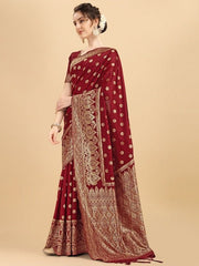 Maroon & Golden Ethnic Motifs Zari Silk Blend Saree - Inddus.com