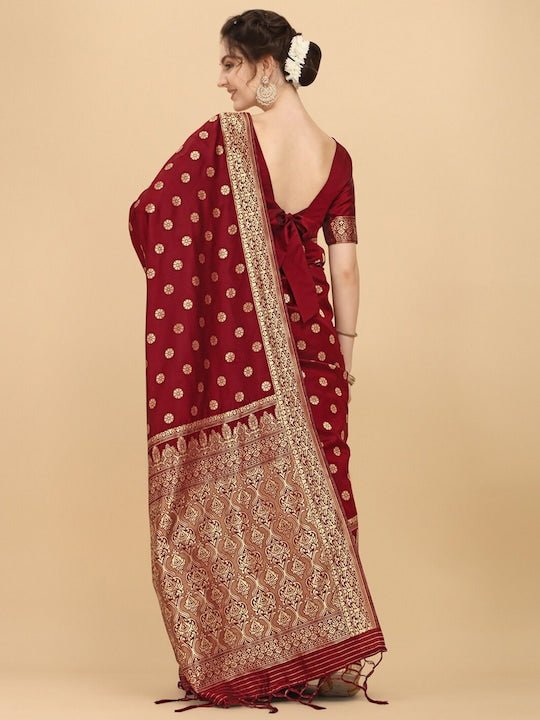 Maroon & Golden Ethnic Motifs Zari Silk Blend Saree - Inddus.com