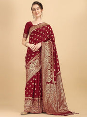 Maroon & Golden Ethnic Motifs Zari Silk Blend Saree - Inddus.com