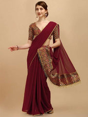Maroon & Golden Solid Saree